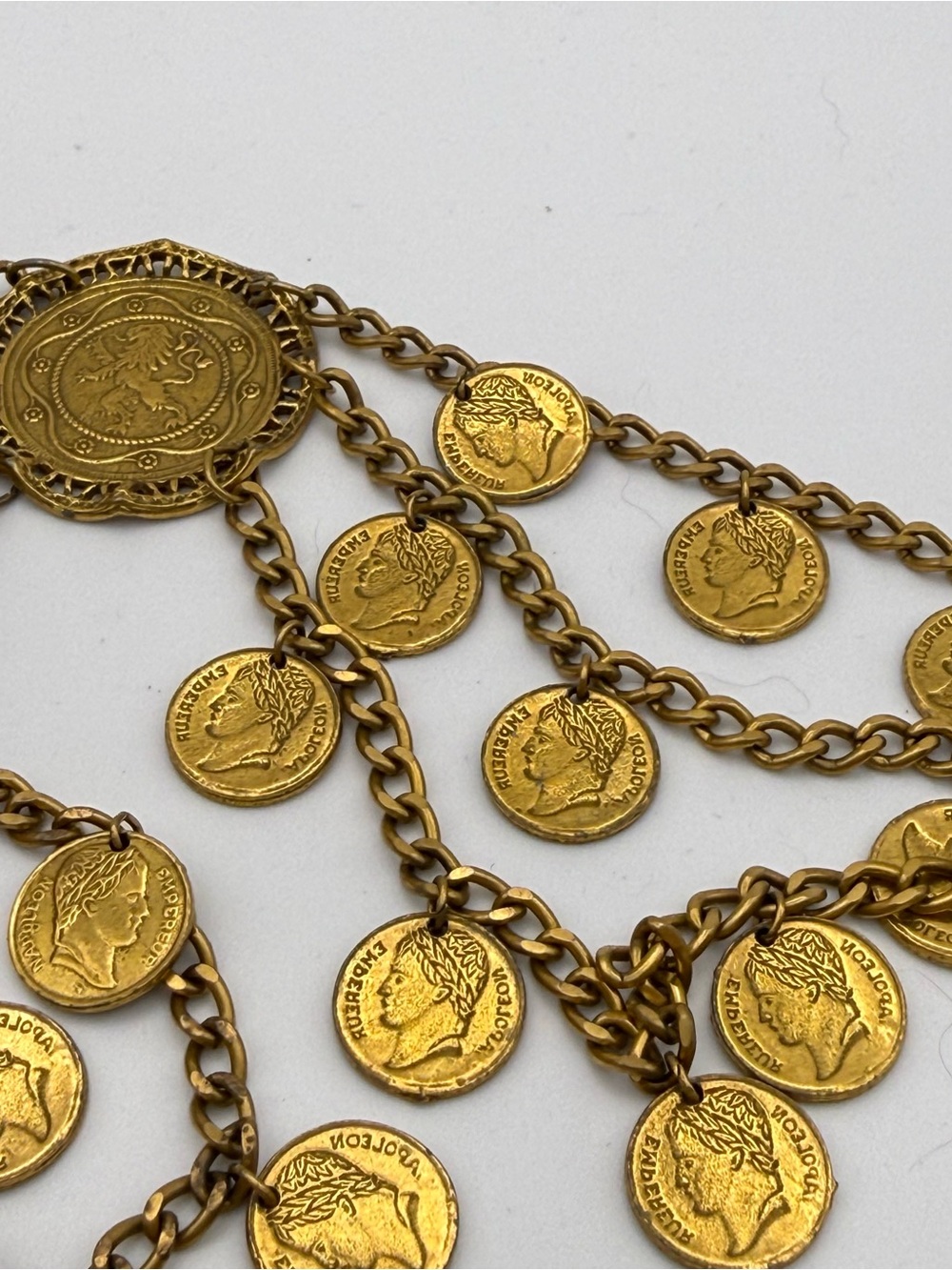 Vtg Napoleon Lion Coin Statement Couture Belt Gold Tone 39” Double Sided Coins - Picture 7 of 9